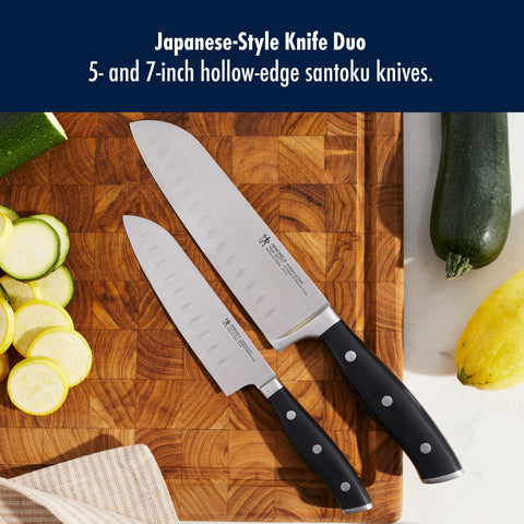 HENCKELS close view of 7-inch santoku blade highlighting precision edge for clean slicing
