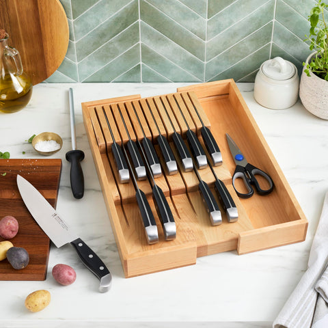 Henckels kitchen shears and sharpening steel displayed for maintenance and prep