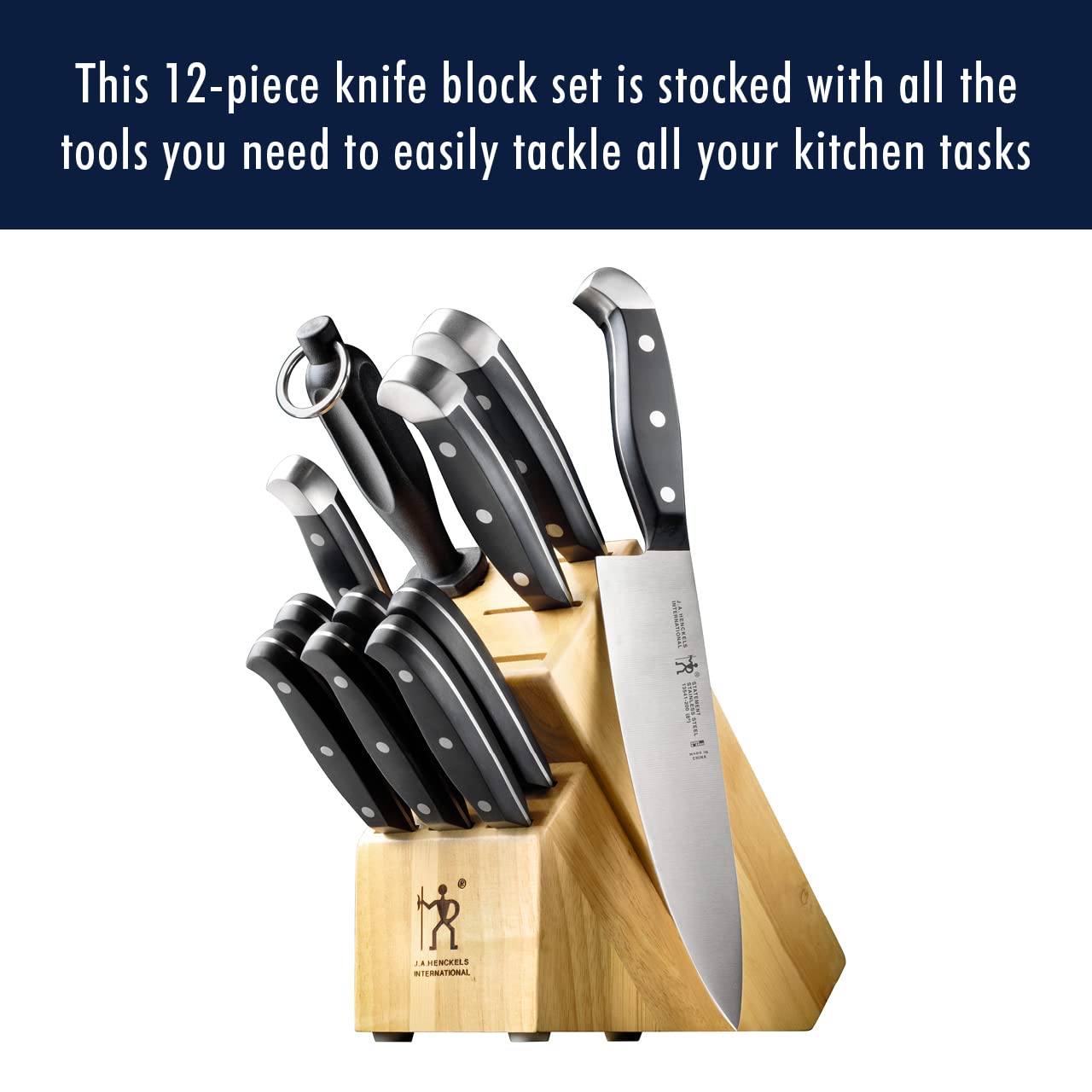 HENCKELS chef knife close-up showing razor-sharp blade for precise chopping