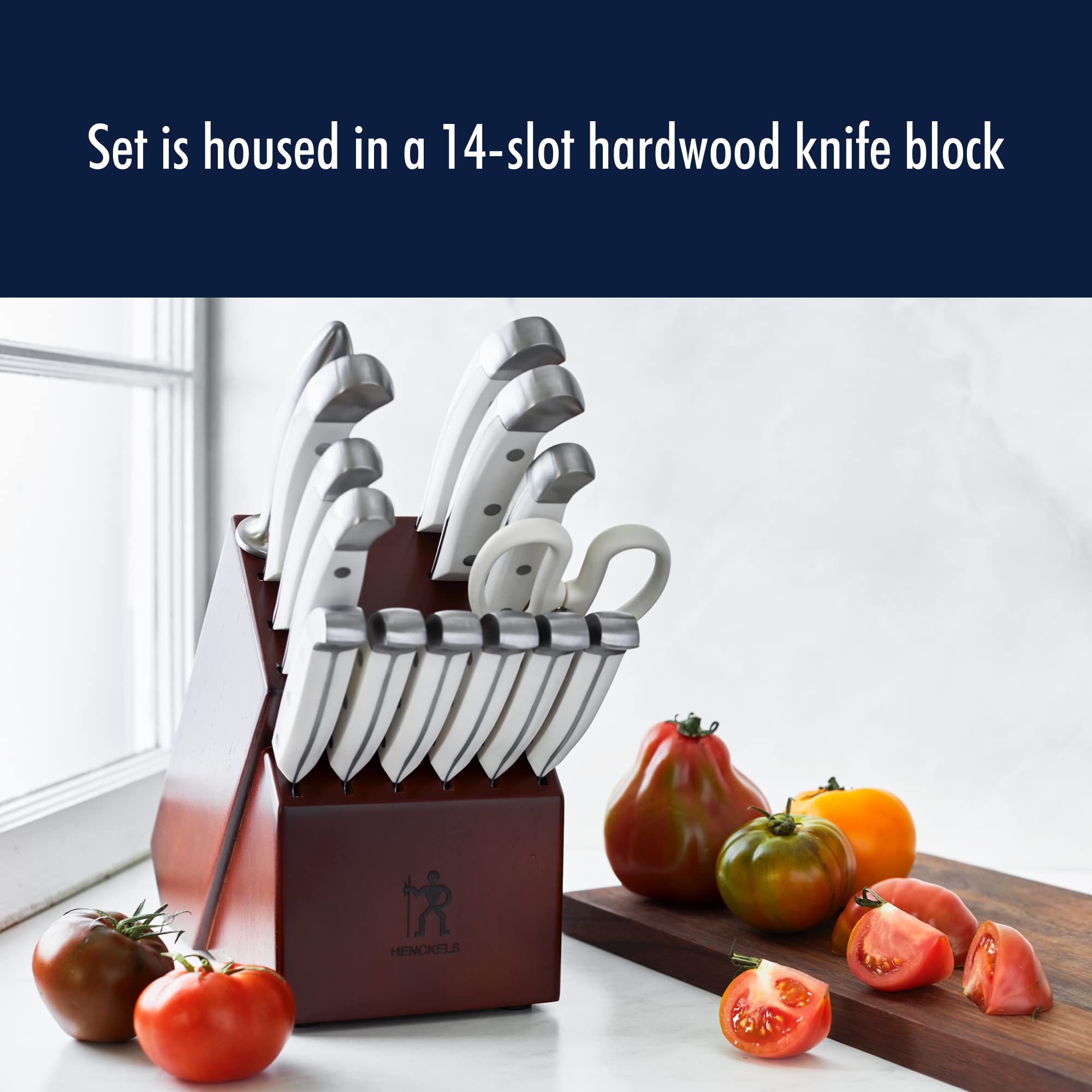 HENCKELS 8-inch chef's knife cutting vegetables for fast, precise prep