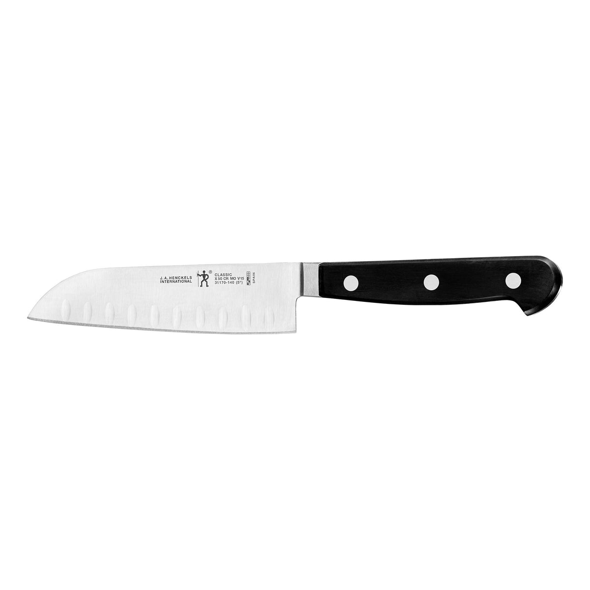 HENCKELS Classic 5 inch Santoku front view showing balanced blade and handle for precise control