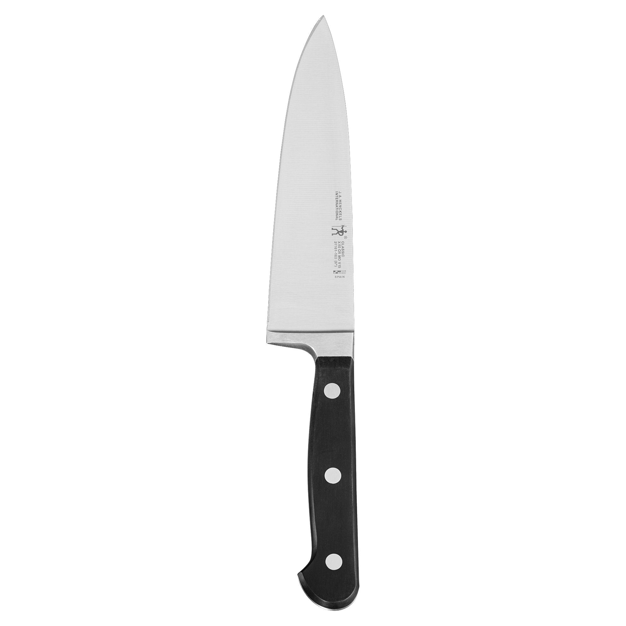 HENCKELS front view of 6-inch chef knife showing balanced profile and edge benefit
