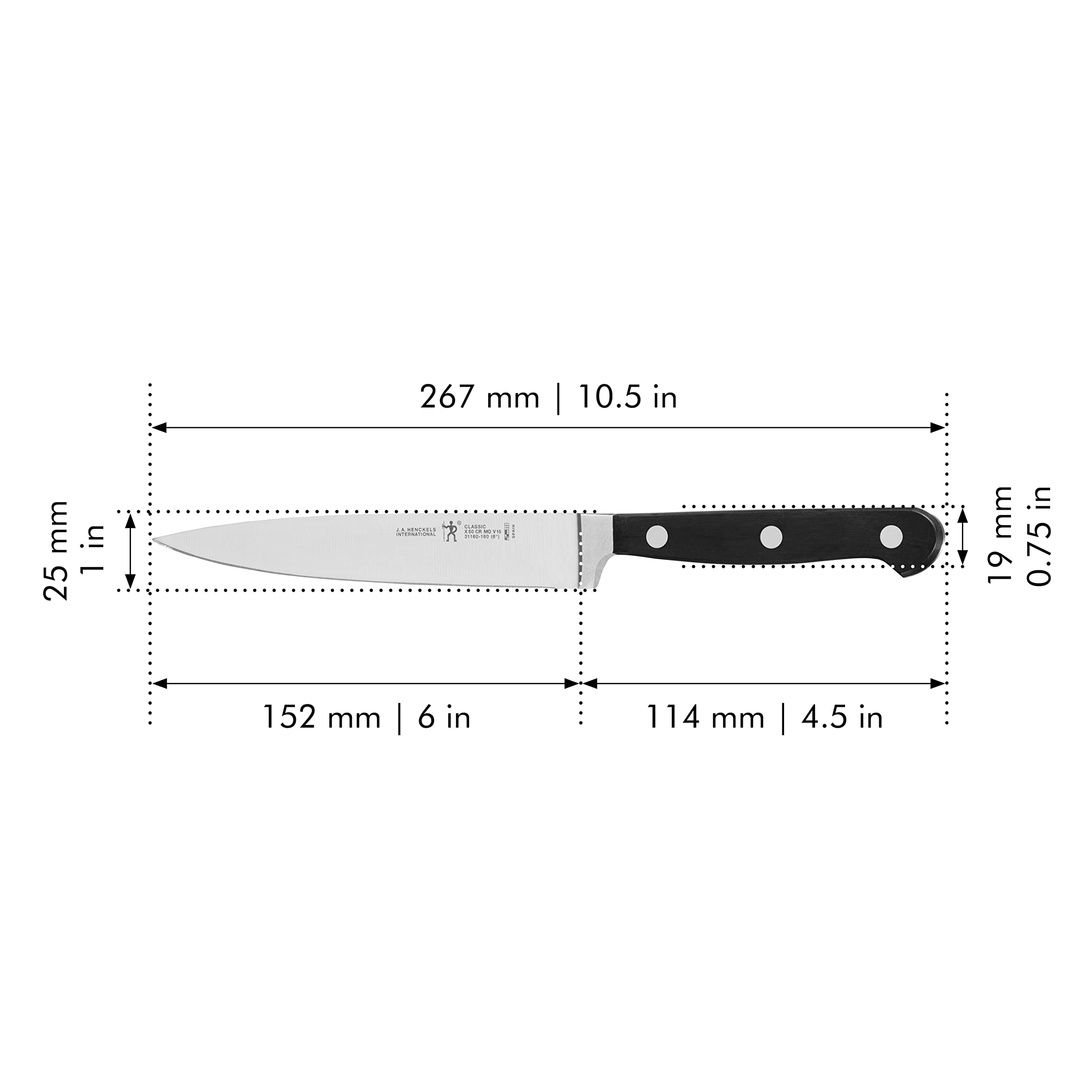 HENCKELS handle detail showing triple-rivet grip for secure, comfortable handling