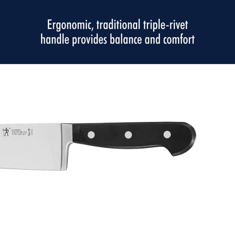HENCKELS Classic edge profile close-up showing fine bevel for long-lasting sharpness