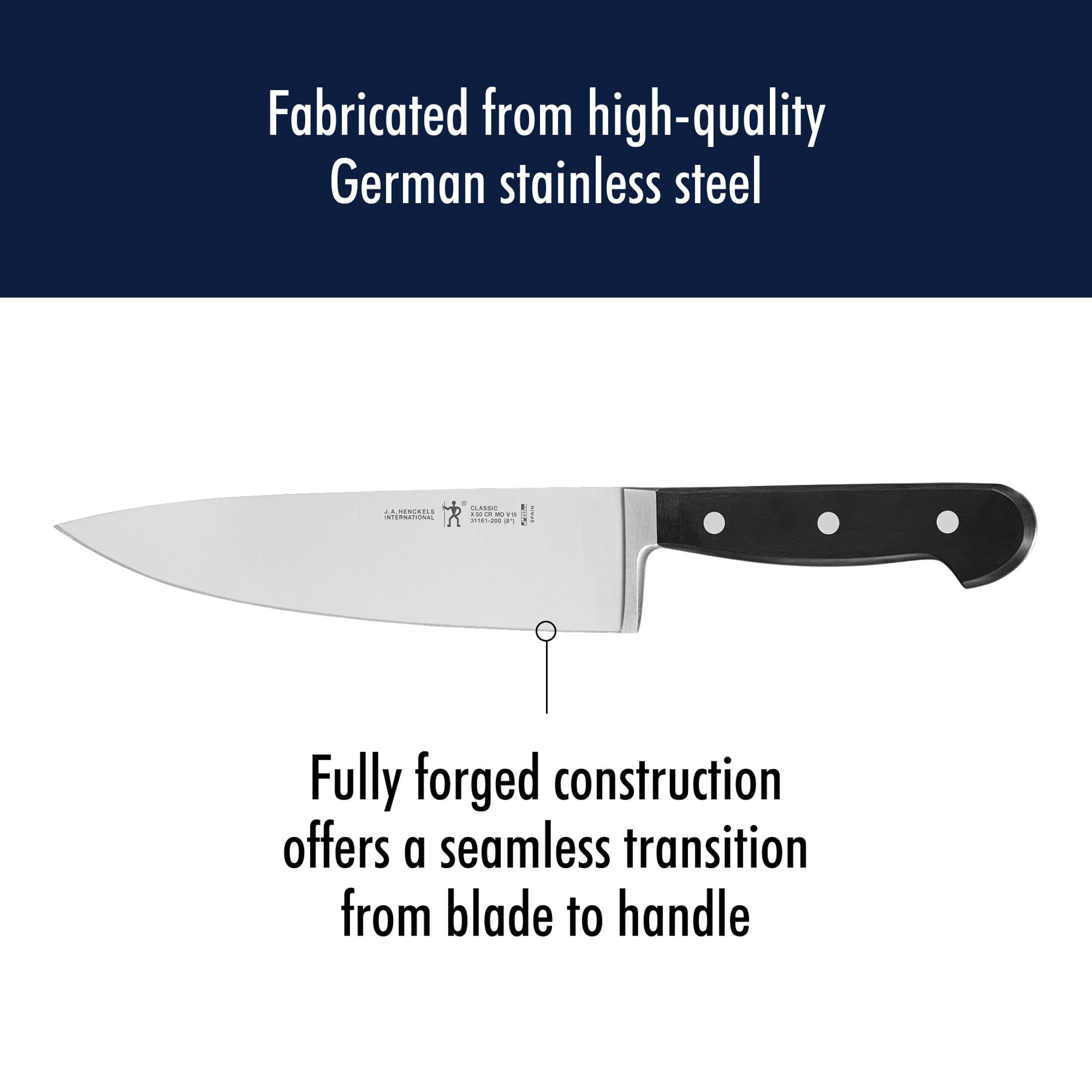 HENCKELS Classic next to ruler to illustrate 8-inch blade scale and kitchen fit