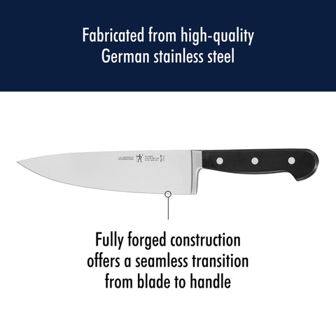HENCKELS Classic next to ruler to illustrate 8-inch blade scale and kitchen fit