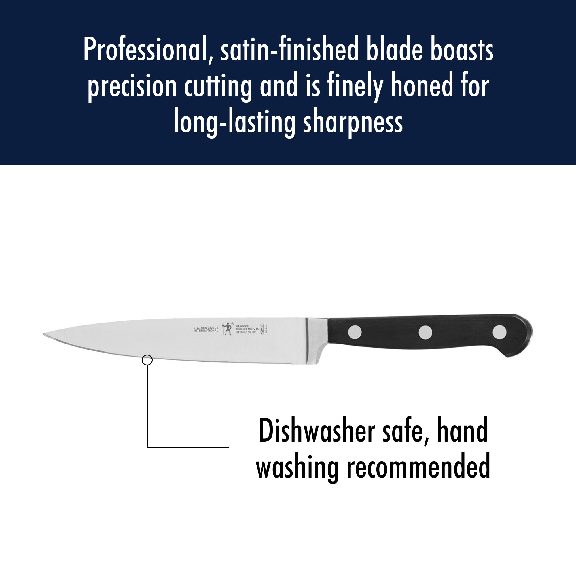 HENCKELS size comparison showing chef, utility, and paring knife scale