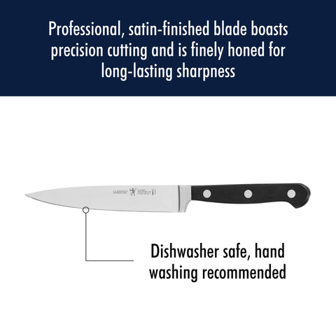 HENCKELS size comparison showing chef, utility, and paring knife scale
