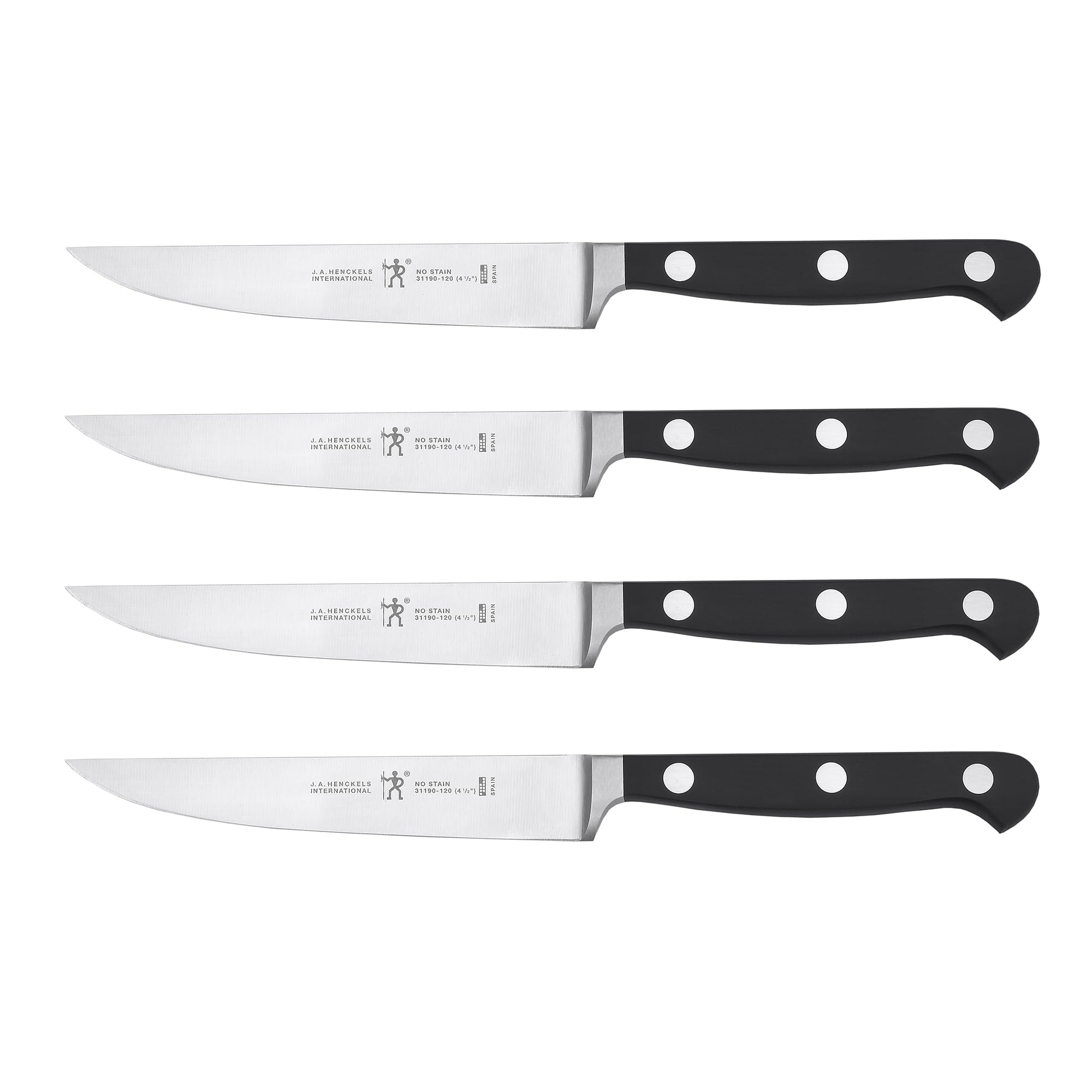 HENCKELS classic steak knives front view showing four sleek blades and handles benefit precise portioning