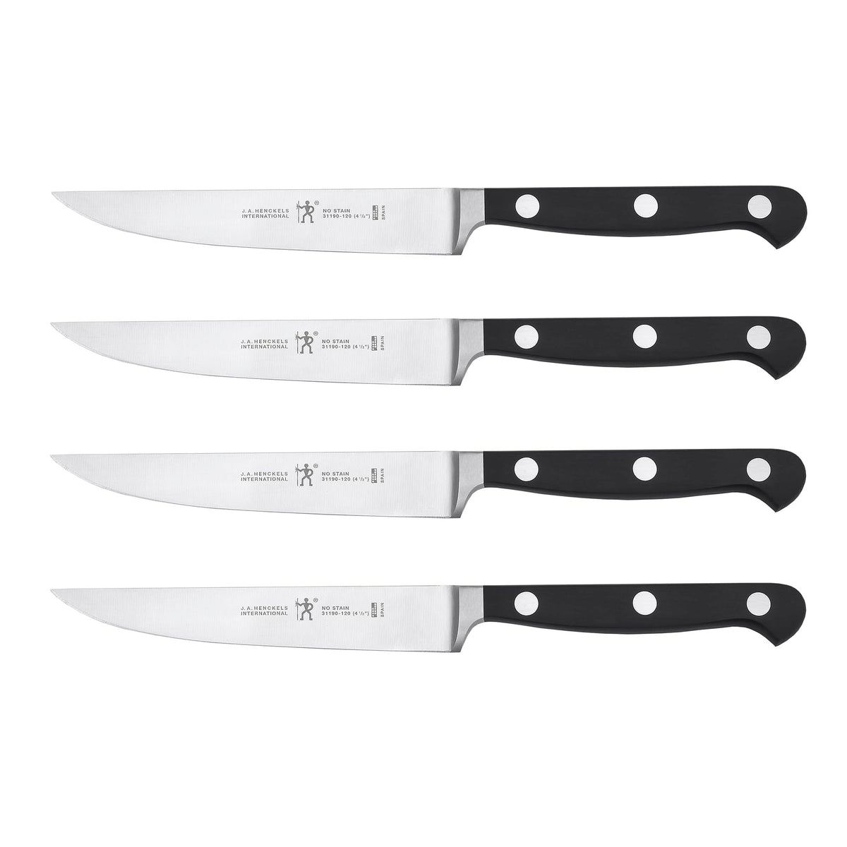 HENCKELS classic steak knives front view showing four sleek blades and handles benefit precise portioning