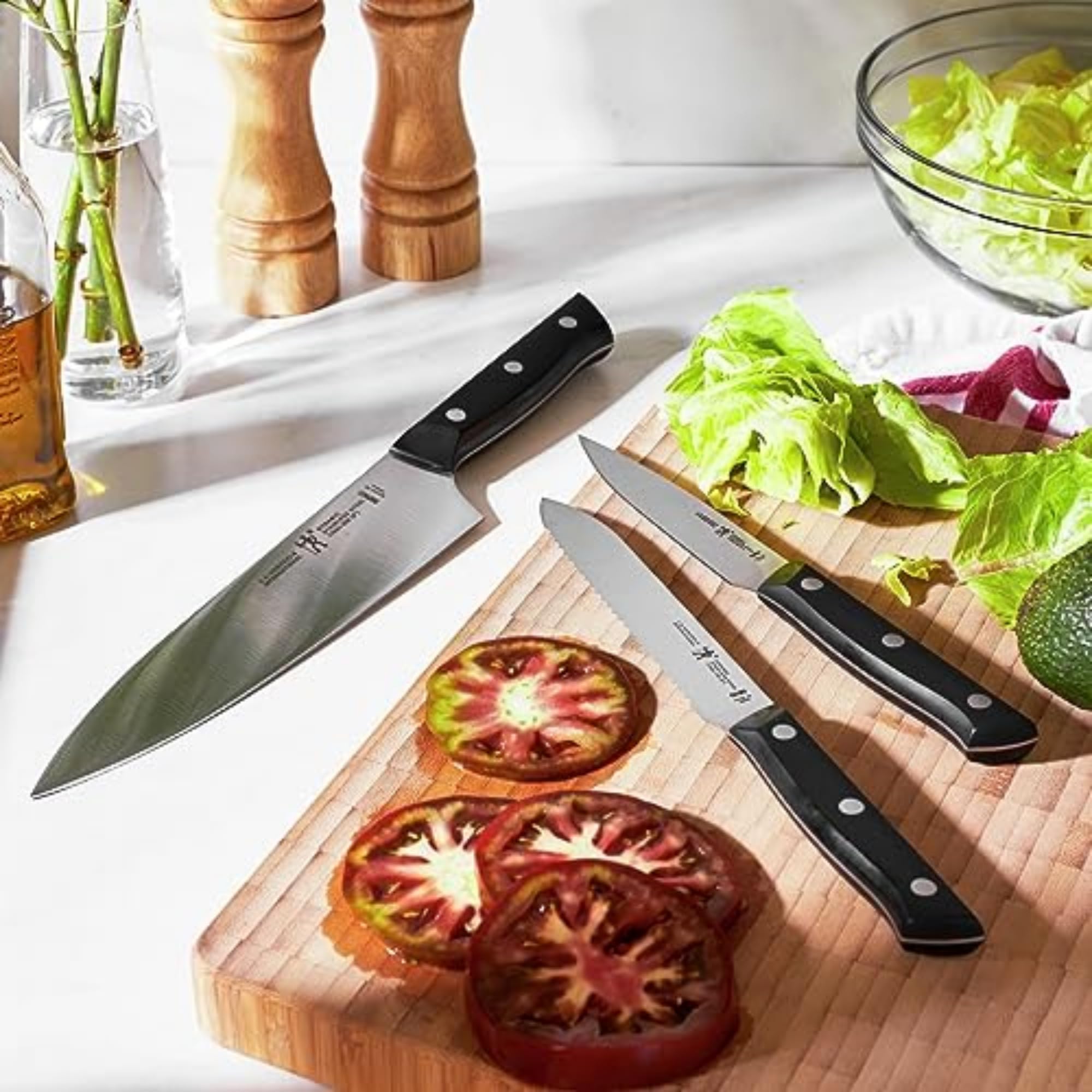 HENCKELS hardwood block with knives displayed to show compact counter footprint