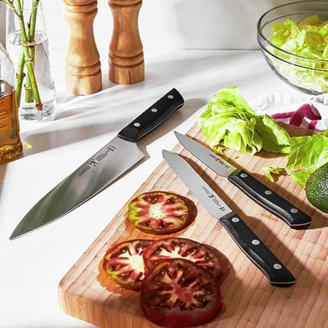 HENCKELS hardwood block with knives displayed to show compact counter footprint
