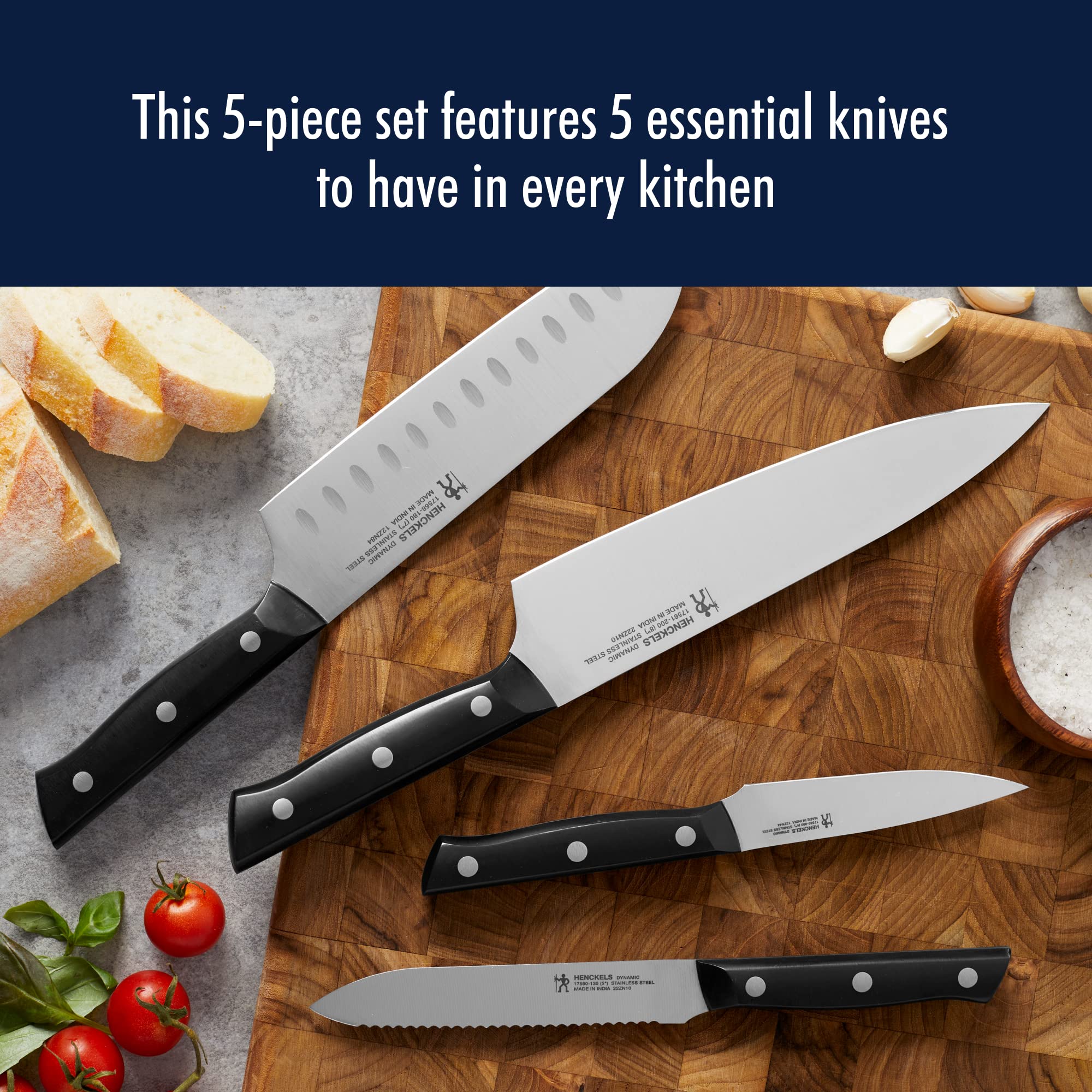 HENCKELS chef knife blade close-up highlighting sharpness benefit