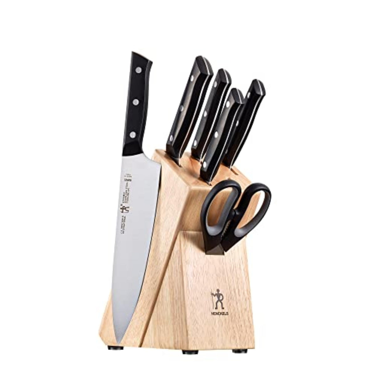 HENCKELS front view showing full 7-piece set and hardwood block for neat storage