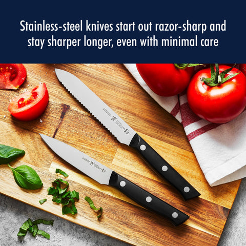 HENCKELS santoku hollow edge close-up shows reduced sticking