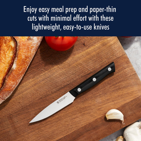 HENCKELS steak knives displayed highlighting uniform serration for table slicing
