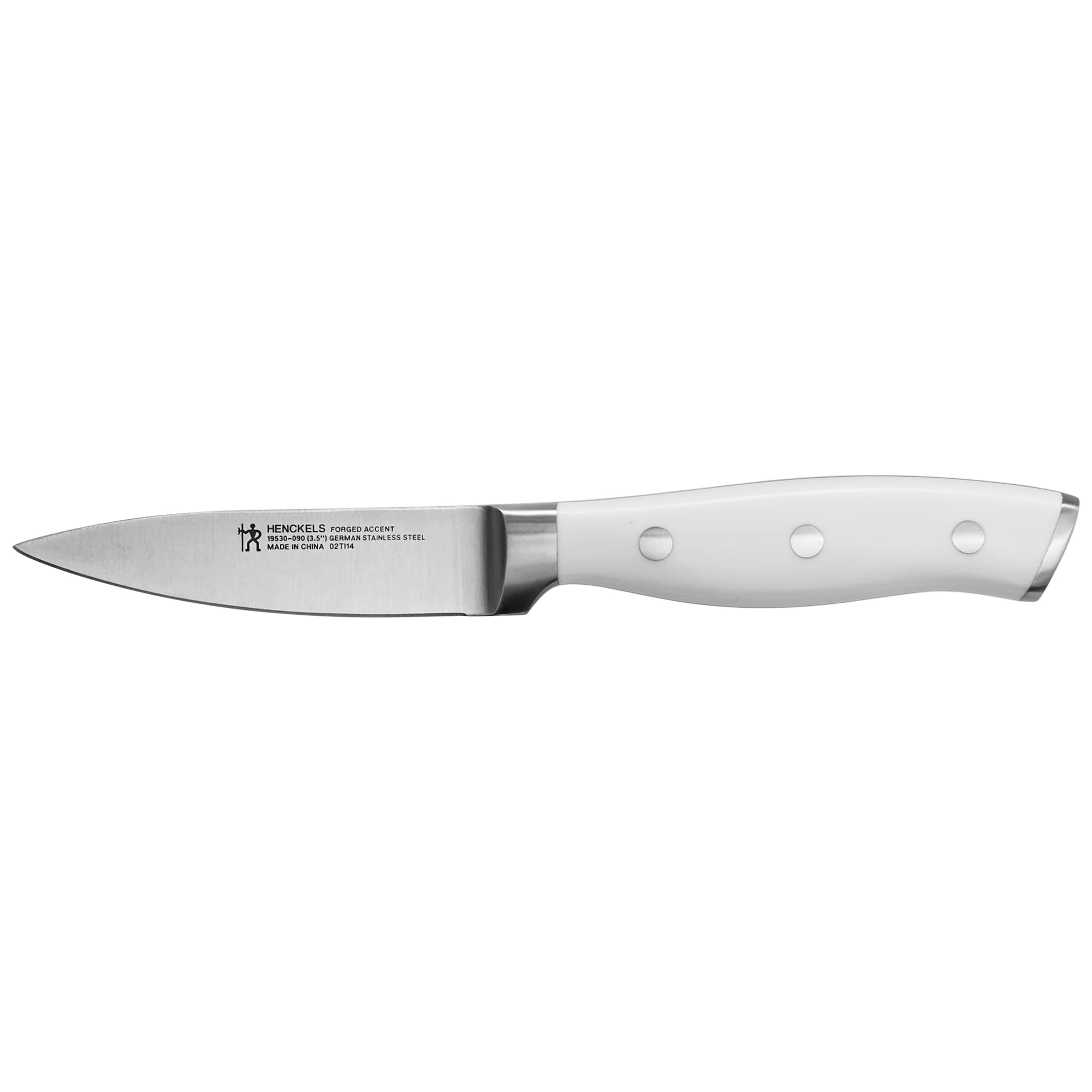 HENCKELS paring knife front view showing blade and white handle, precise cutting benefit