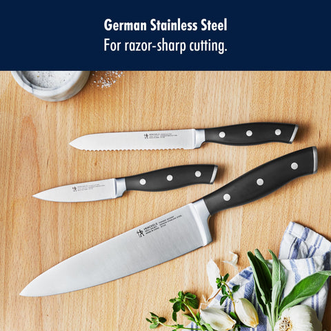 HENCKELS displayed in a knife block emphasizing elegant kitchen presentation