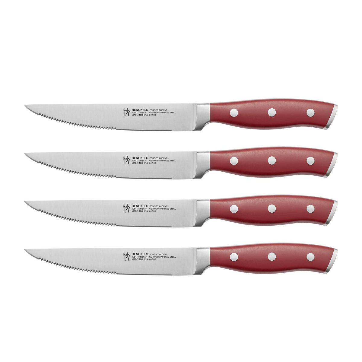 HENCKELS front view of red steak knives showing unified set and table-ready design