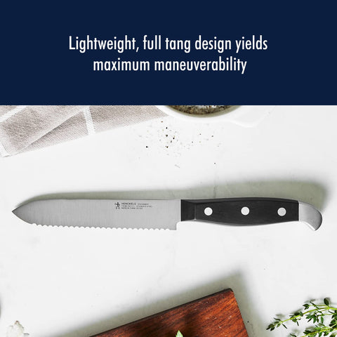 HENCKELS handle detail showcasing riveted grip and comfortable control for safer cutting