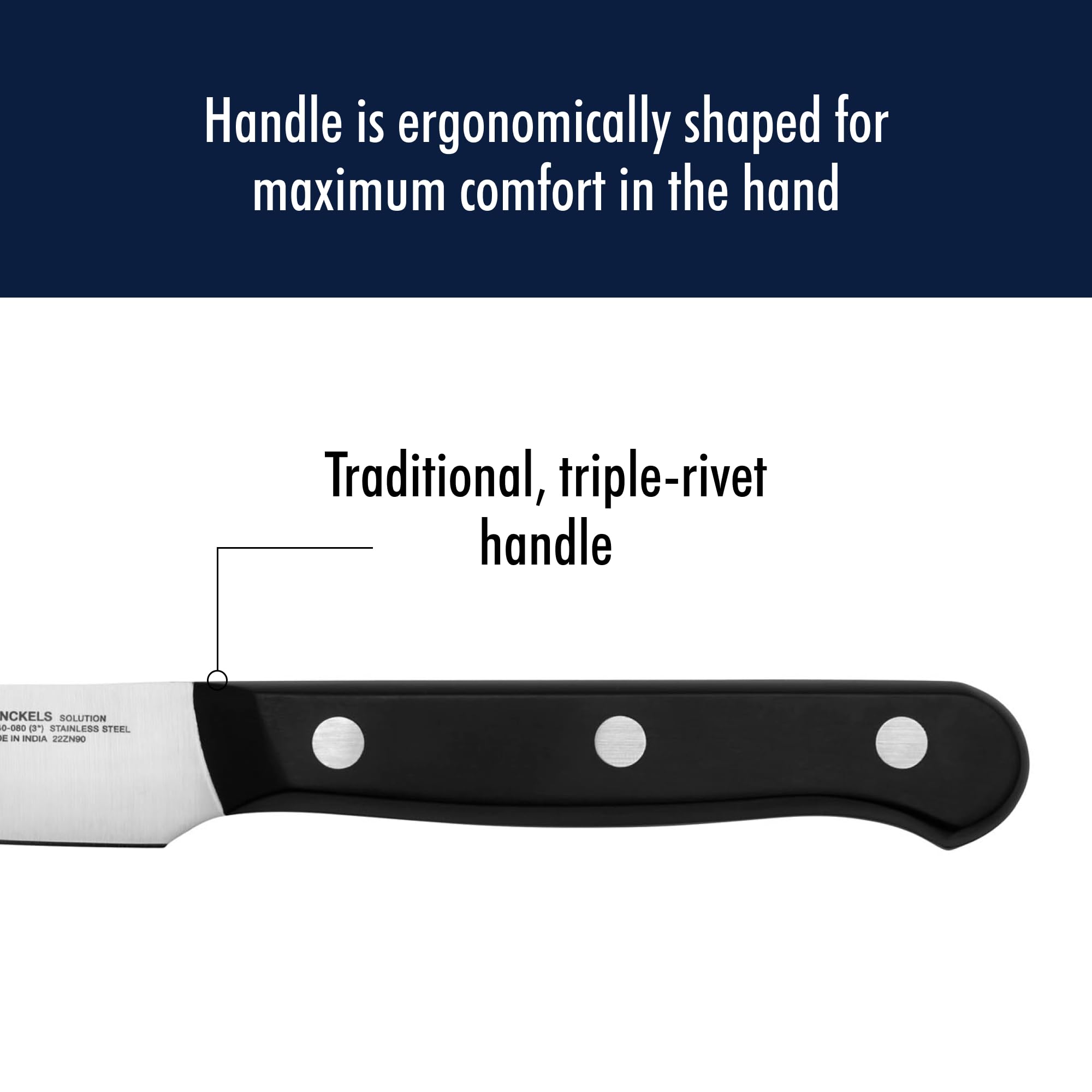 HENCKELS triple-rivet handle close-up showing ergonomic grip and fatigue reduction benefit