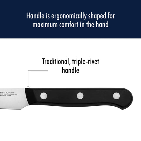 HENCKELS triple-rivet handle close-up showing ergonomic grip and fatigue reduction benefit