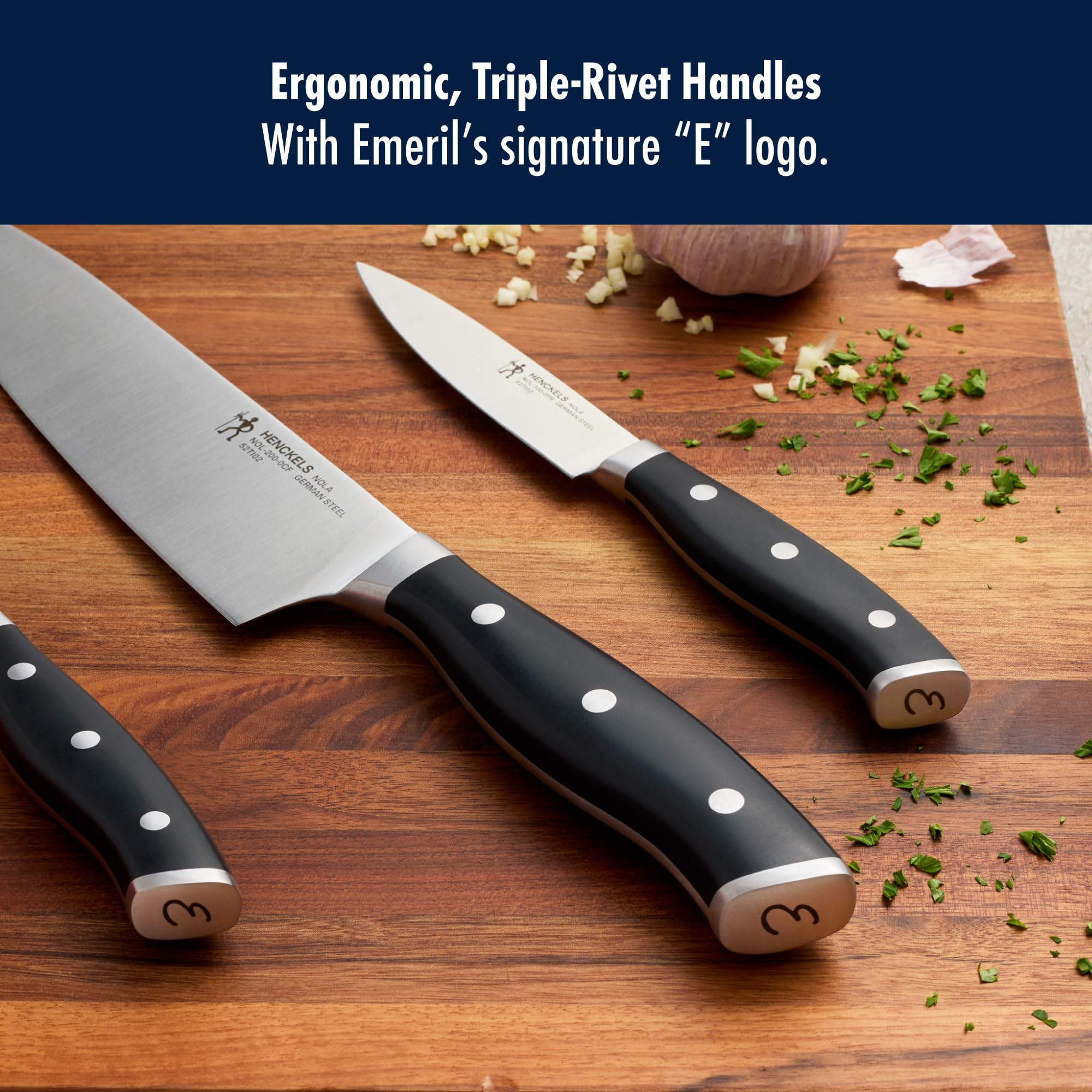 HENCKELS triple-rivet handle detail offering ergonomic, secure grip
