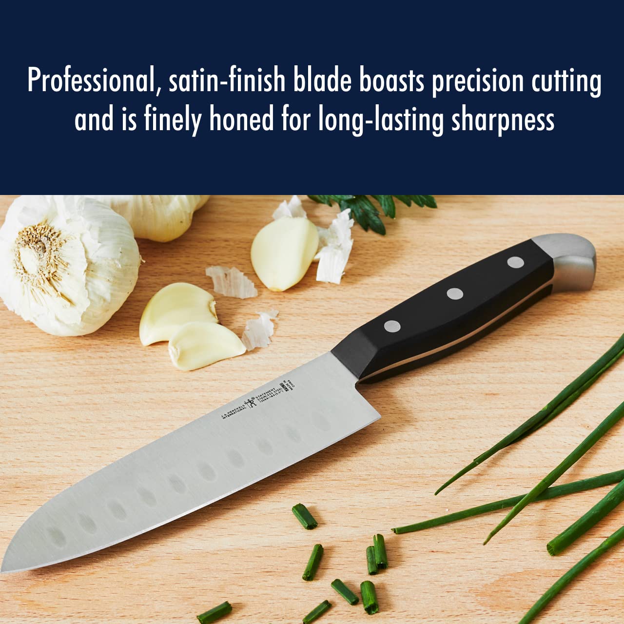 HENCKELS santoku slicing vegetables demonstrating effortless, even cuts for prep speed