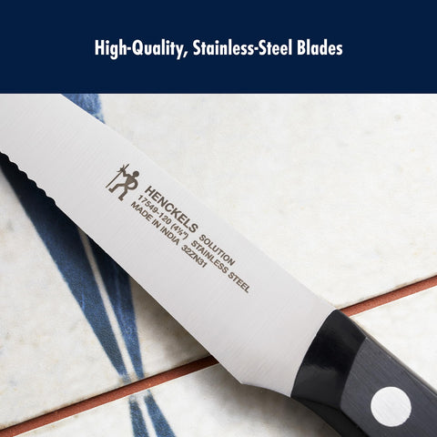 HENCKELS blade close-up highlighting razor-sharp edge and clean cut