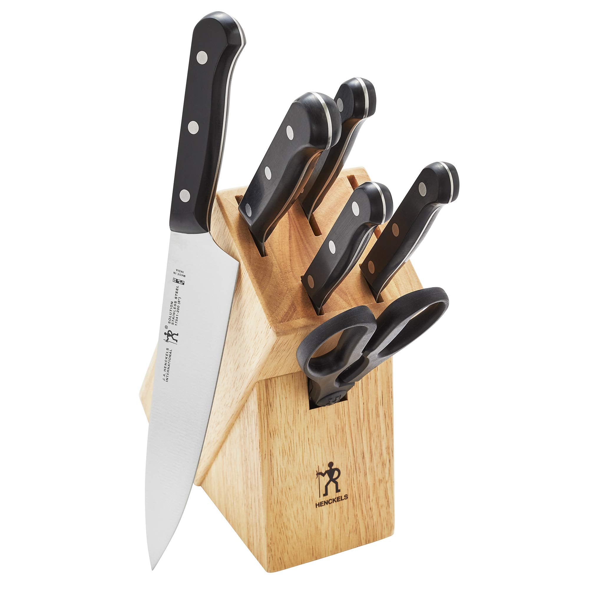 HENCKELS front view of 7-piece knife set in hardwood block, organized storage benefit