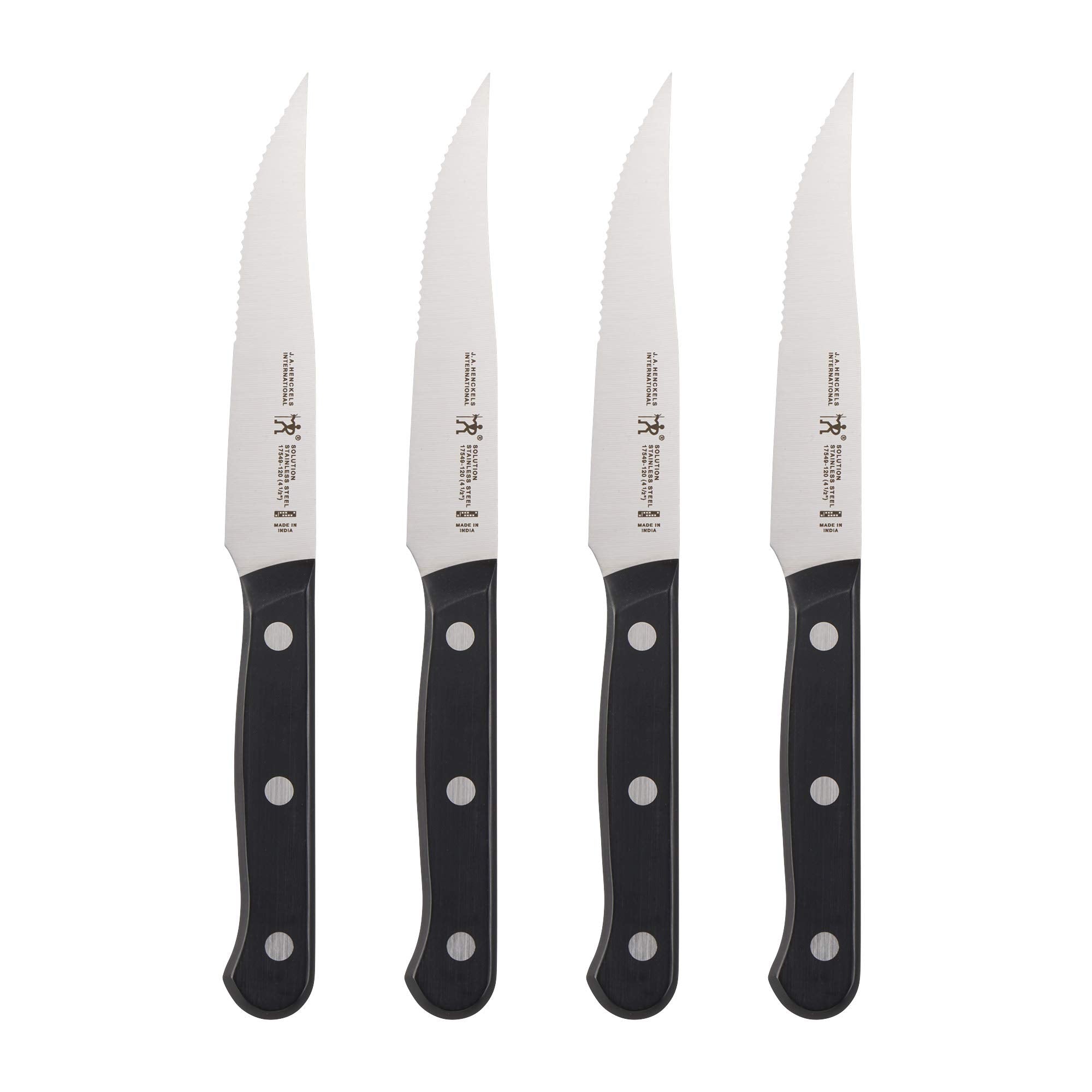 HENCKELS front view of four steak knives showing balanced handles and clean design for reliable slicing