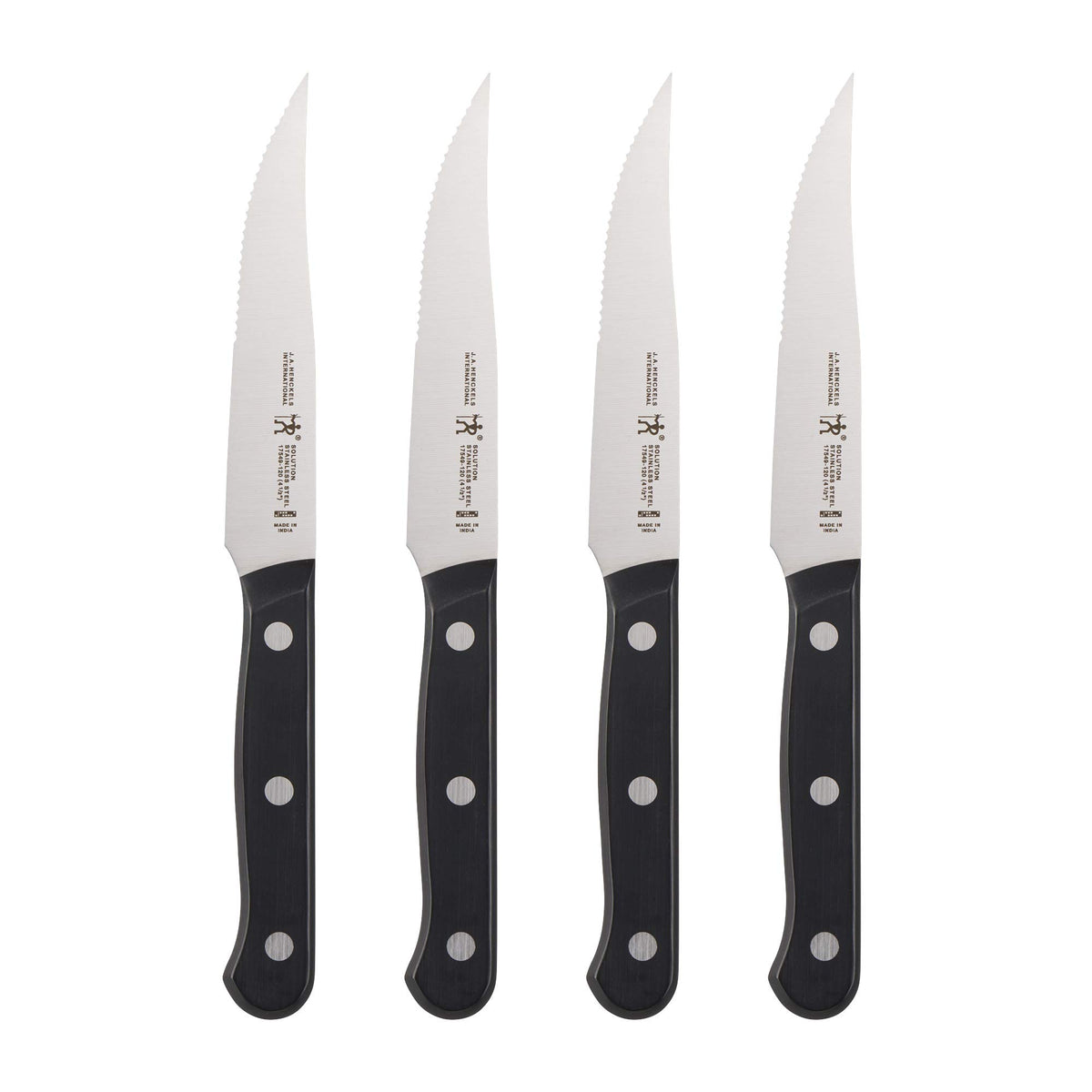 HENCKELS front view of four steak knives showing balanced handles and clean design for reliable slicing