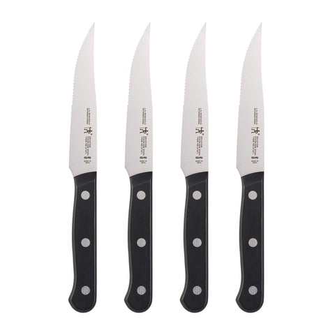 HENCKELS front view of four steak knives showing balanced handles and clean design for reliable slicing