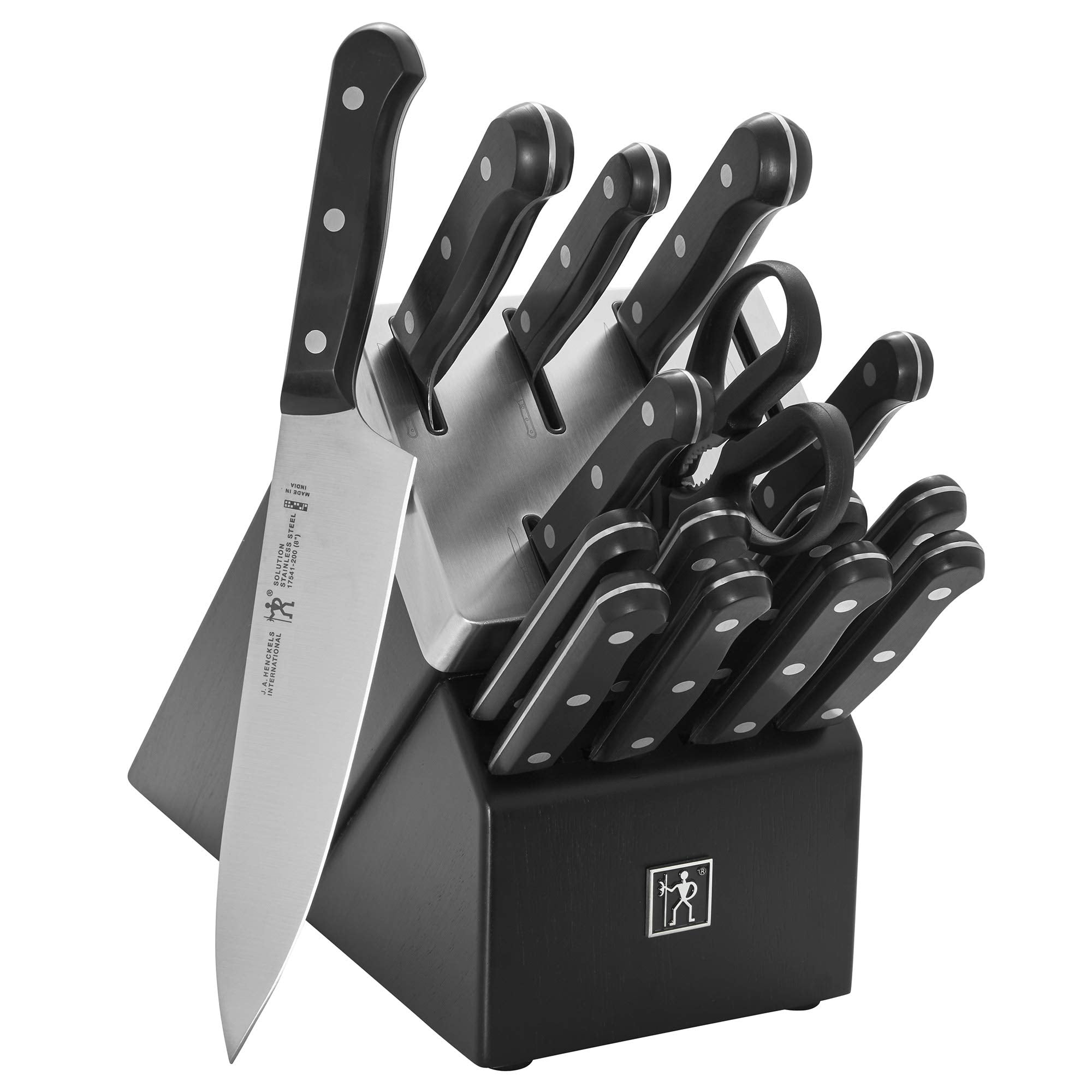 HENCKELS front packaging showing full 16-piece set and self-sharpening block benefit