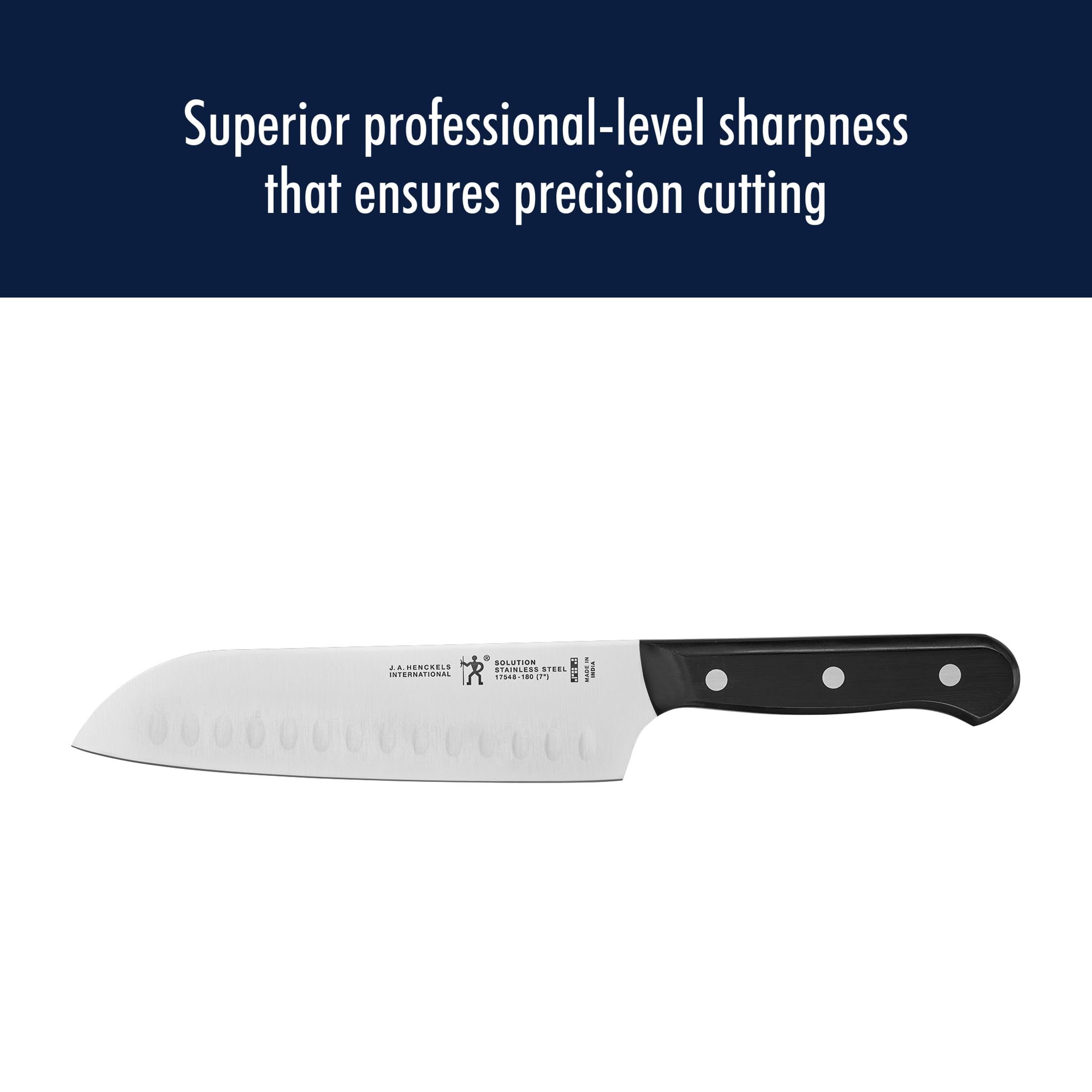 HENCKELS santoku held in hand illustrating lightweight control and balance