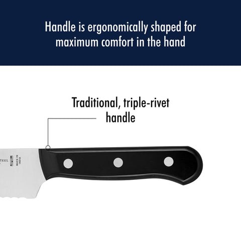 HENCKELS four knives laid with ruler for scale showing compact 4.5-inch blades and balanced weight