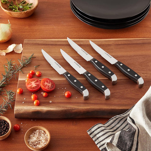 HENCKELS Statement blade closeup highlighting semi-serrated edge for cleaner slicing
