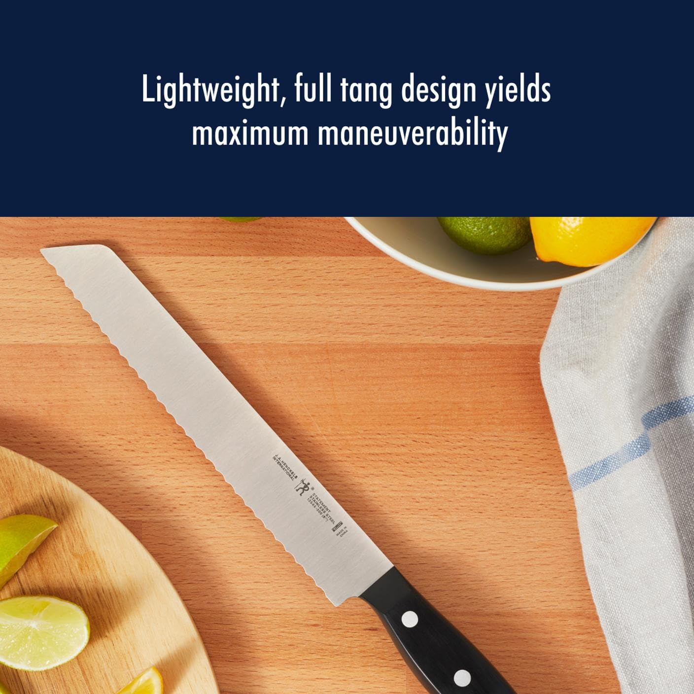 HENCKELS Statement satin-finished blade edge texture demonstrating long-lasting sharpness