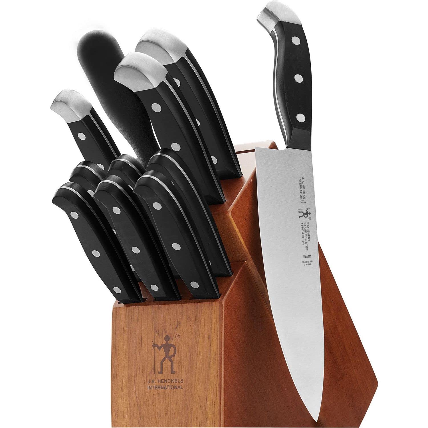 HENCKELS front view of brown block with knives, organized and ready