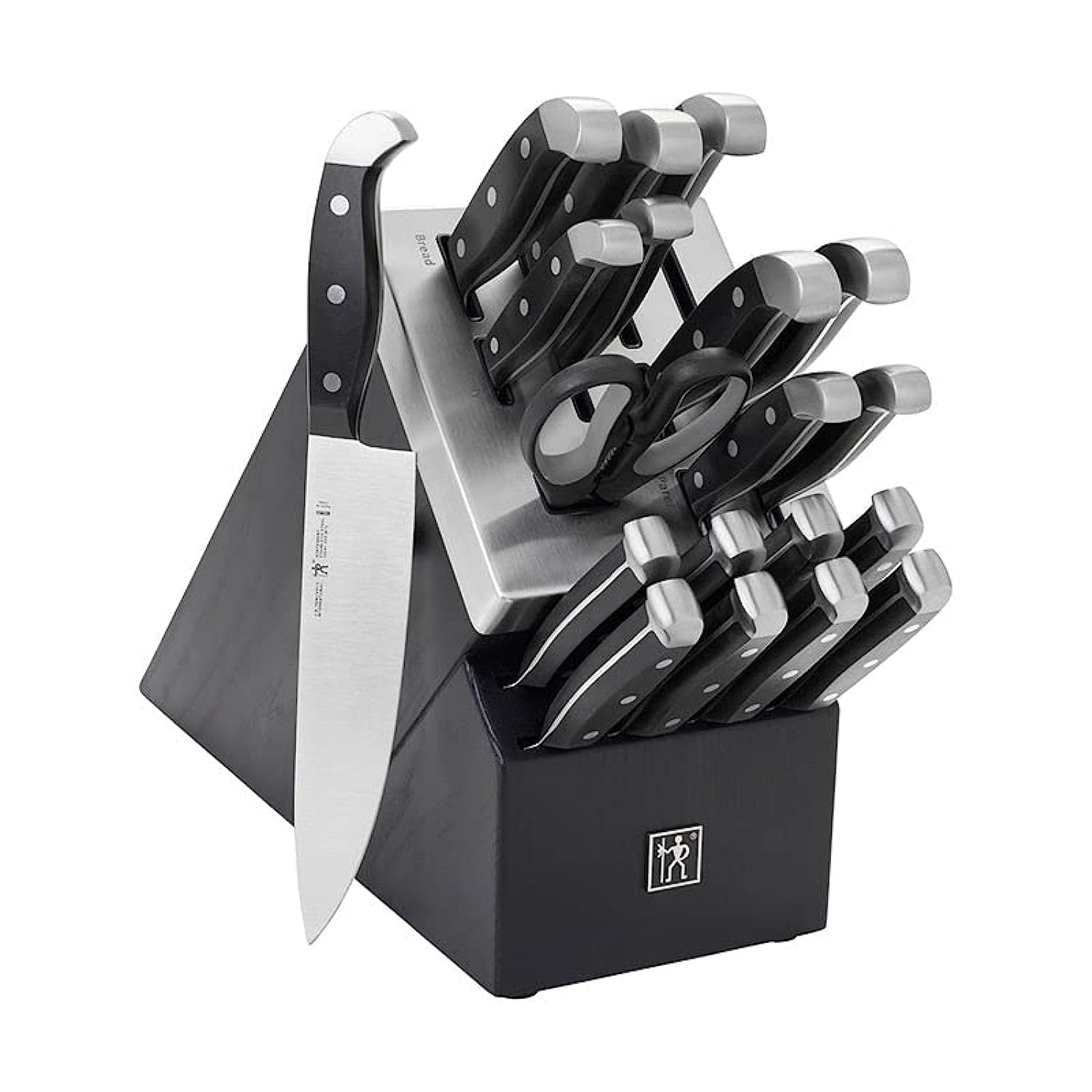 HENCKELS knife block front view showing full set and organized countertop benefit