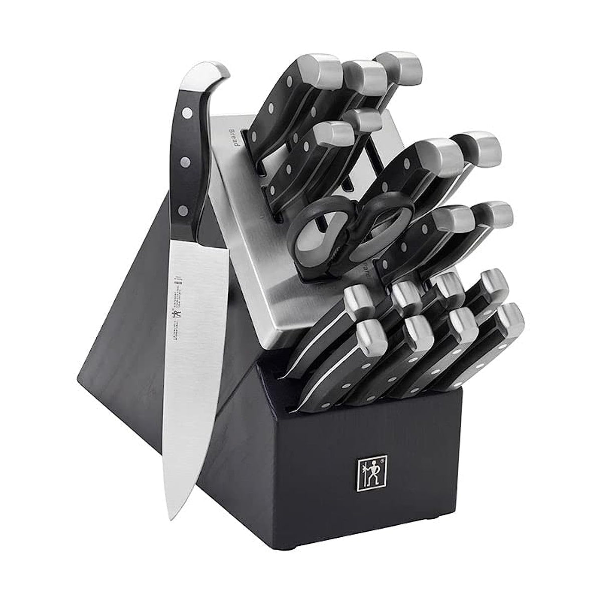 HENCKELS knife block front view showing full set and organized countertop benefit