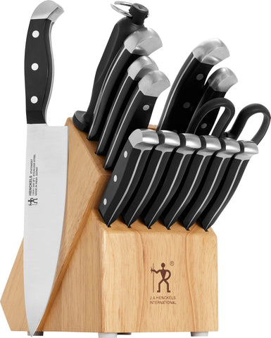 HENCKELS front view of 15-piece block set showing complete kit and neat storage benefit