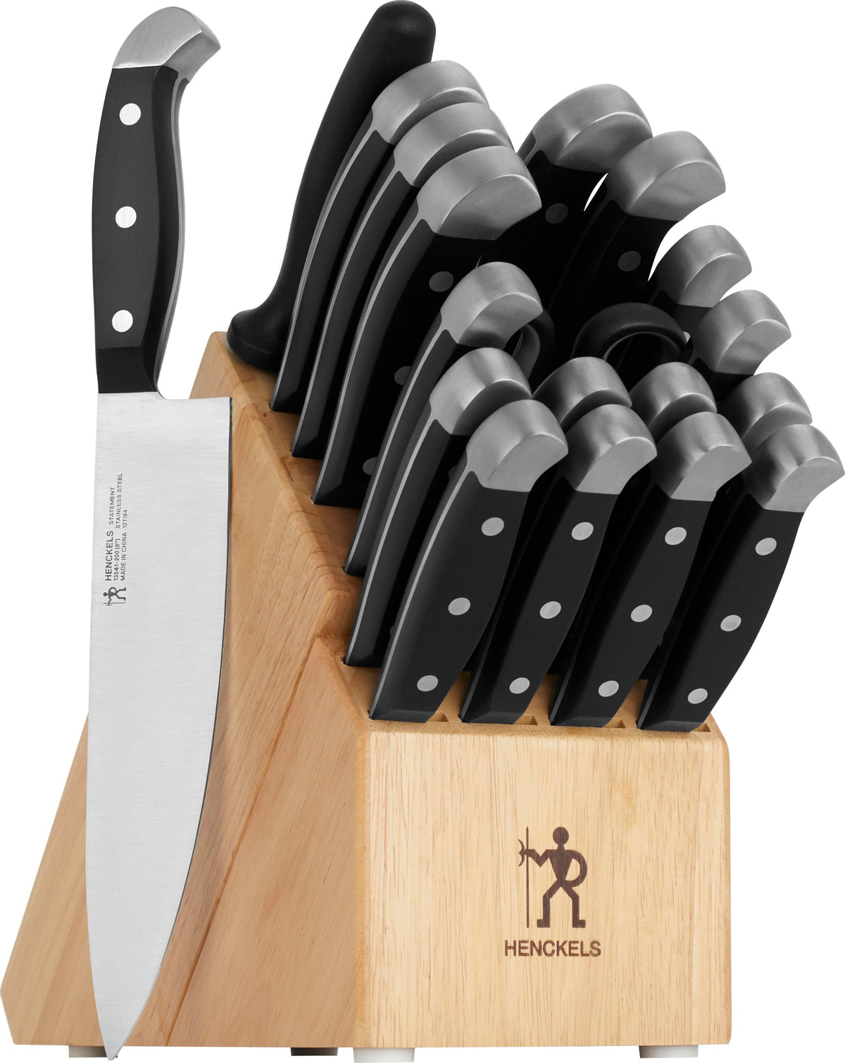 HENCKELS front view of 20-piece knife block showing organized blades and block, easy access