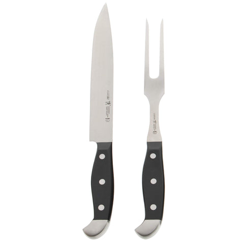 HENCKELS front view of carving knife and fork showing sleek design and reliability
