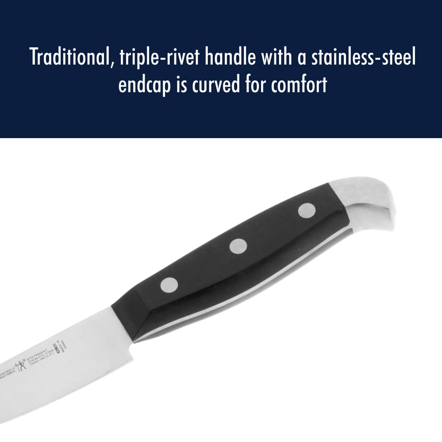 HENCKELS Statement beside ruler showing 8-inch blade for clear size and scale