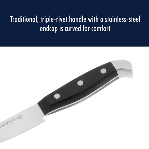 HENCKELS Statement beside ruler showing 8-inch blade for clear size and scale