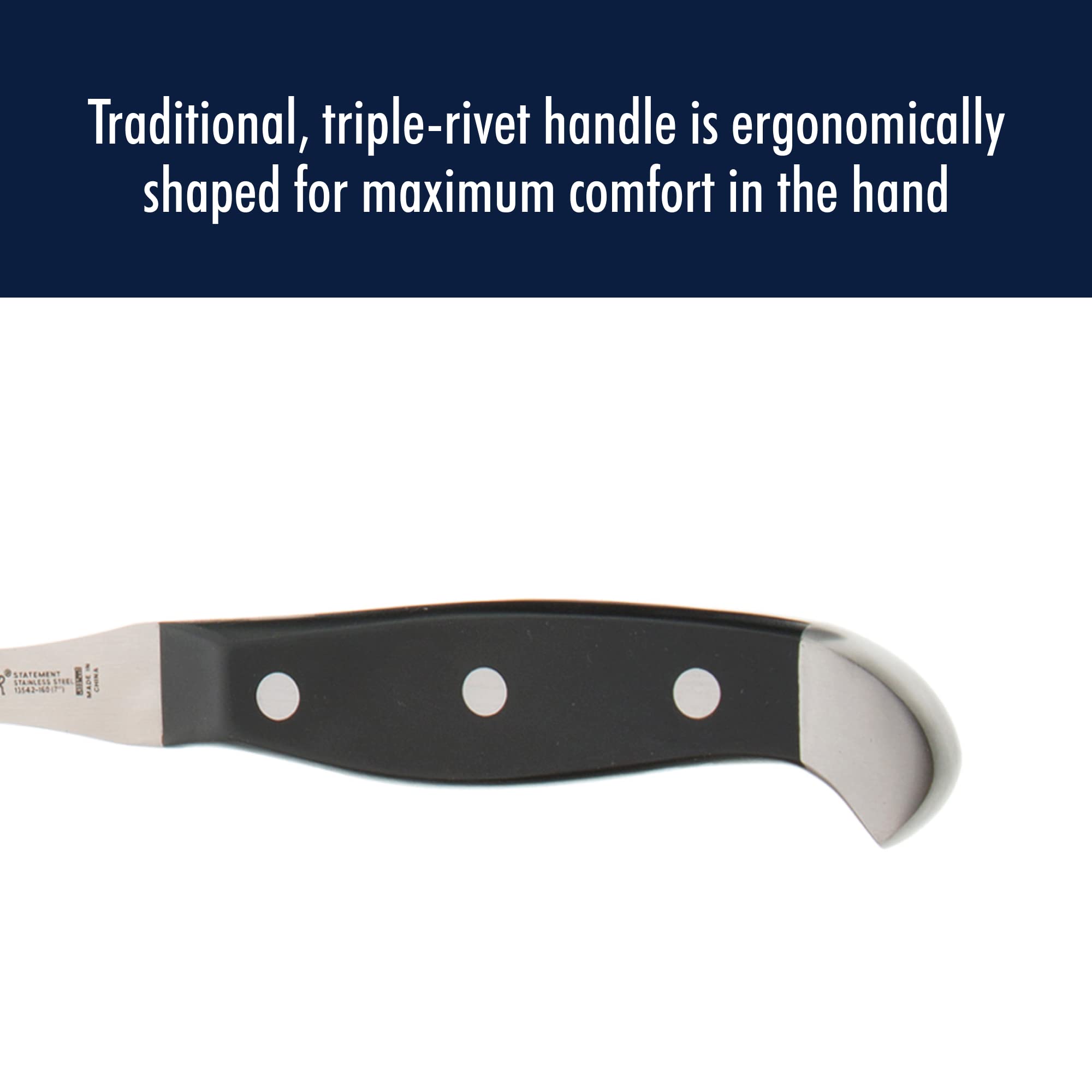HENCKELS scale comparison beside ruler illustrating true 8-inch blade size accuracy