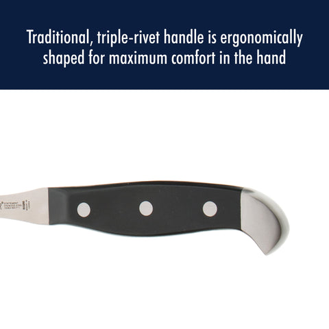 HENCKELS scale comparison beside ruler illustrating true 8-inch blade size accuracy