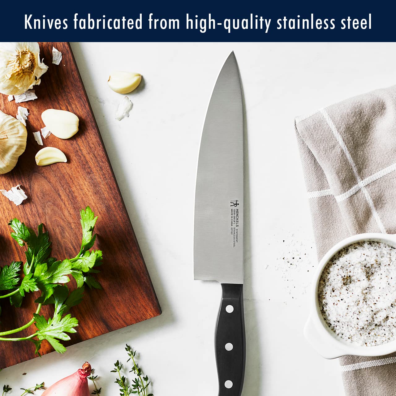 HENCKELS steak knives array showing matching blades for table-ready slicing benefit