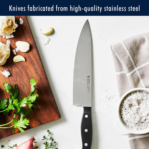 HENCKELS steak knives array showing matching blades for table-ready slicing benefit